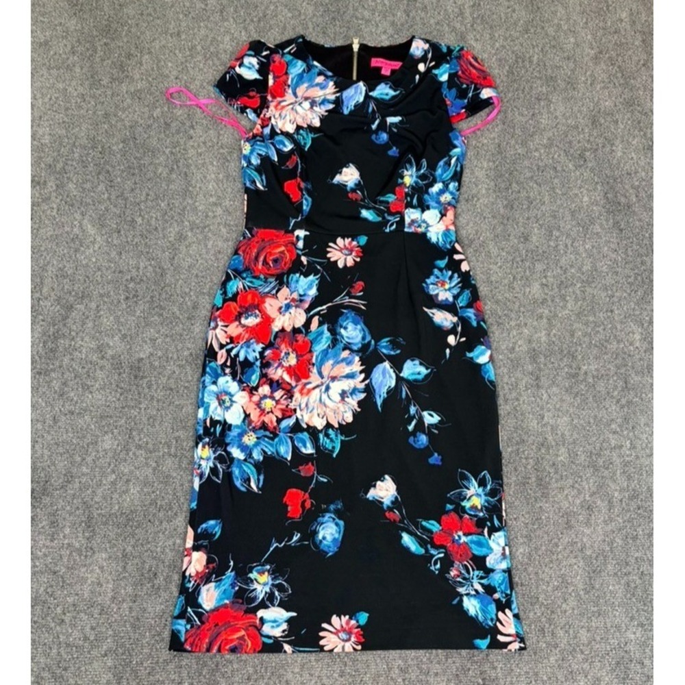 Betsey Johnson Womens Dress Black Floral Round Neck Short Sleeve Back Zip Size 6